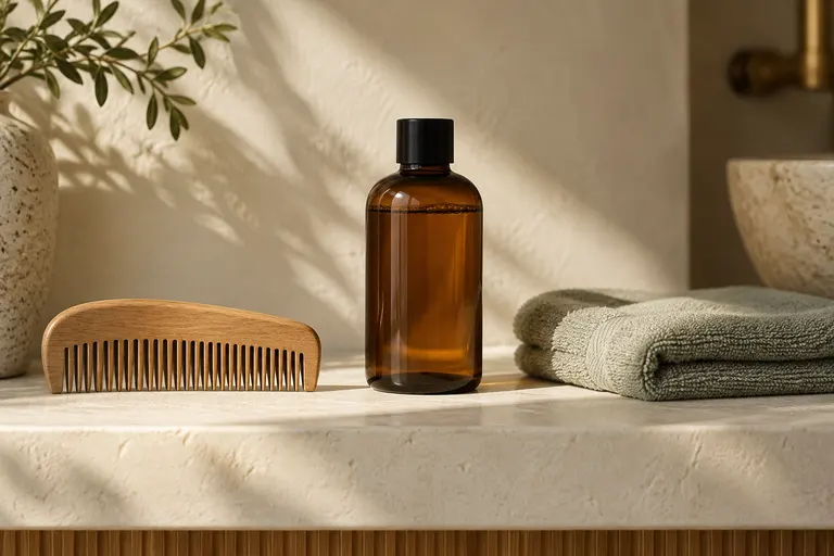 Un peigne, un flacon ambré et une serviette composent une routine épurée.